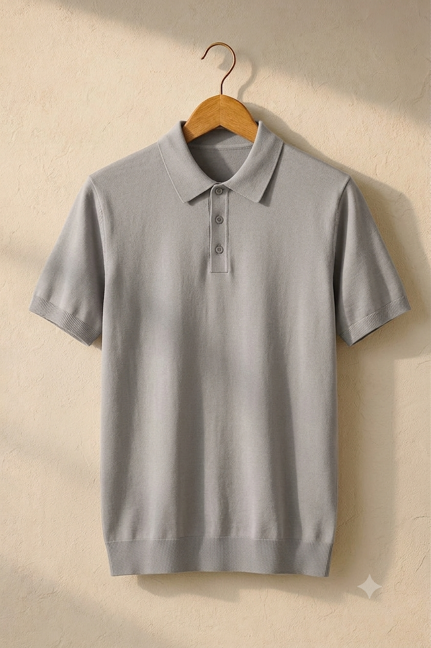 Premium Light Grey Knit Polo T-Shirt for Men