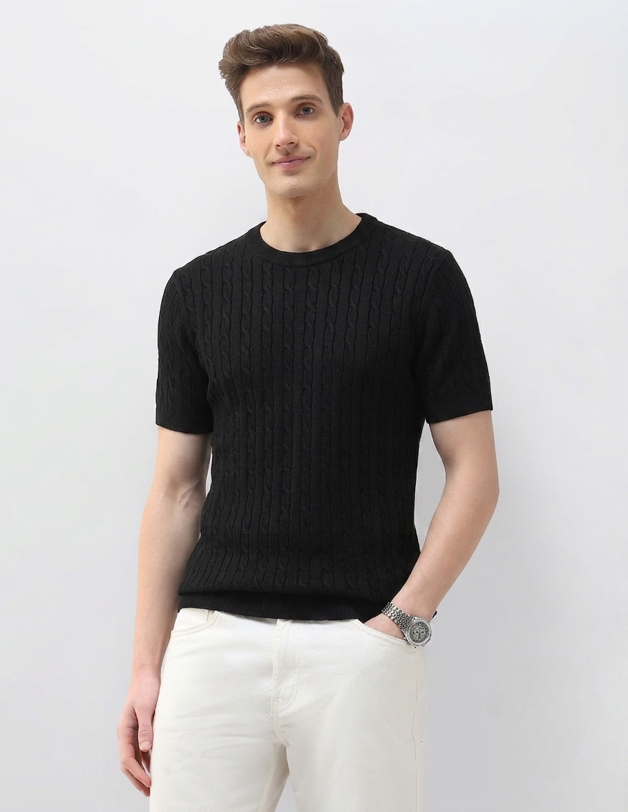 Onyx Black Cable-Knit T-Shirt
