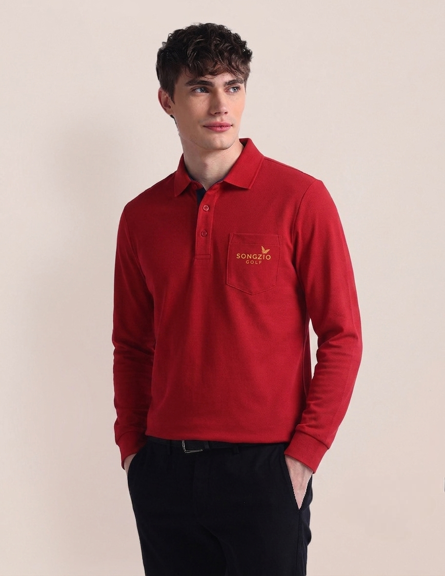 Crimson Red Long-Sleeve Golf Polo