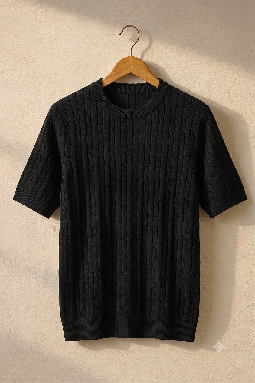 Onyx Black Cable-Knit T-Shirt