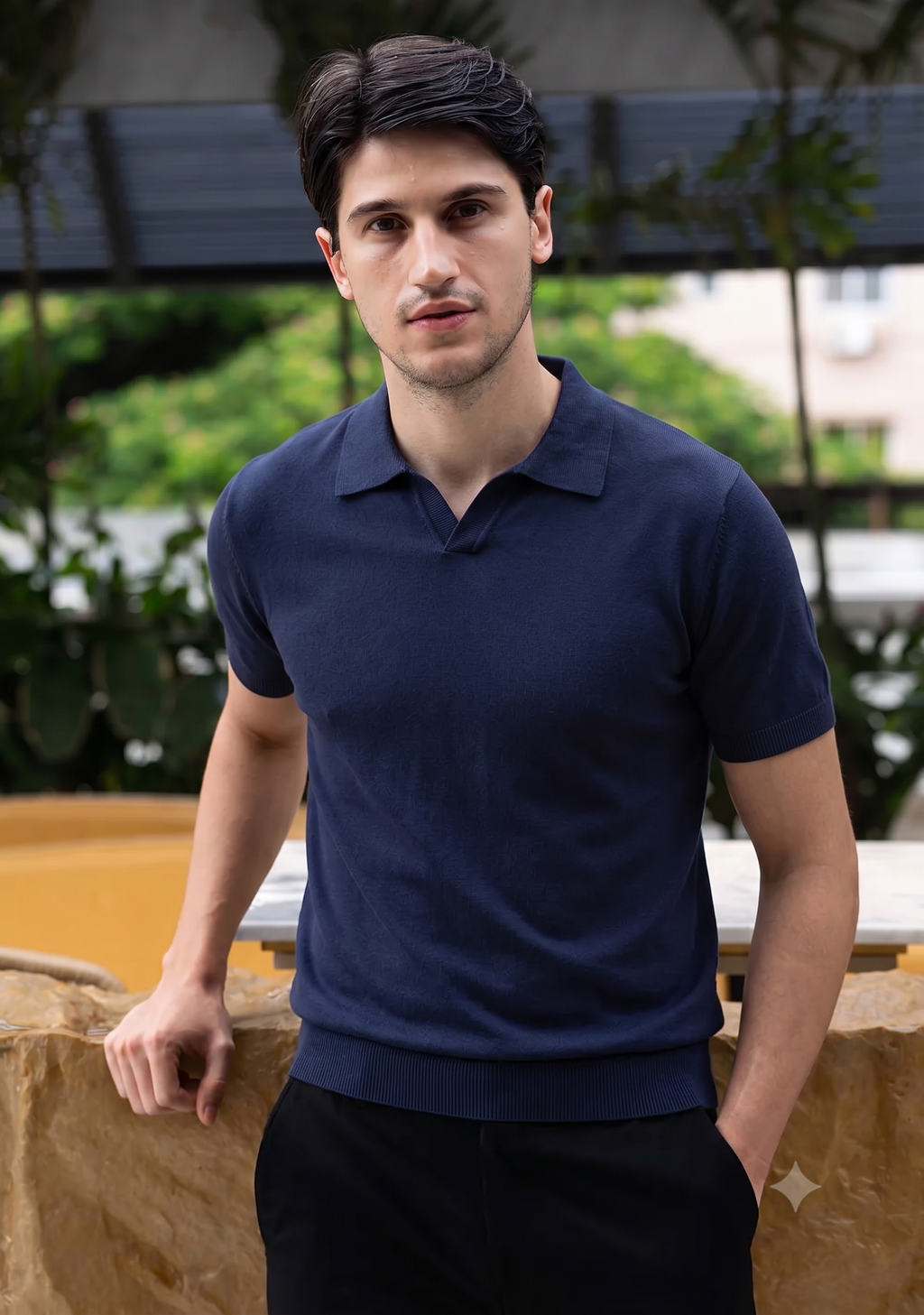 Men's Premium Solid Navy Knit Polo T-Shirt