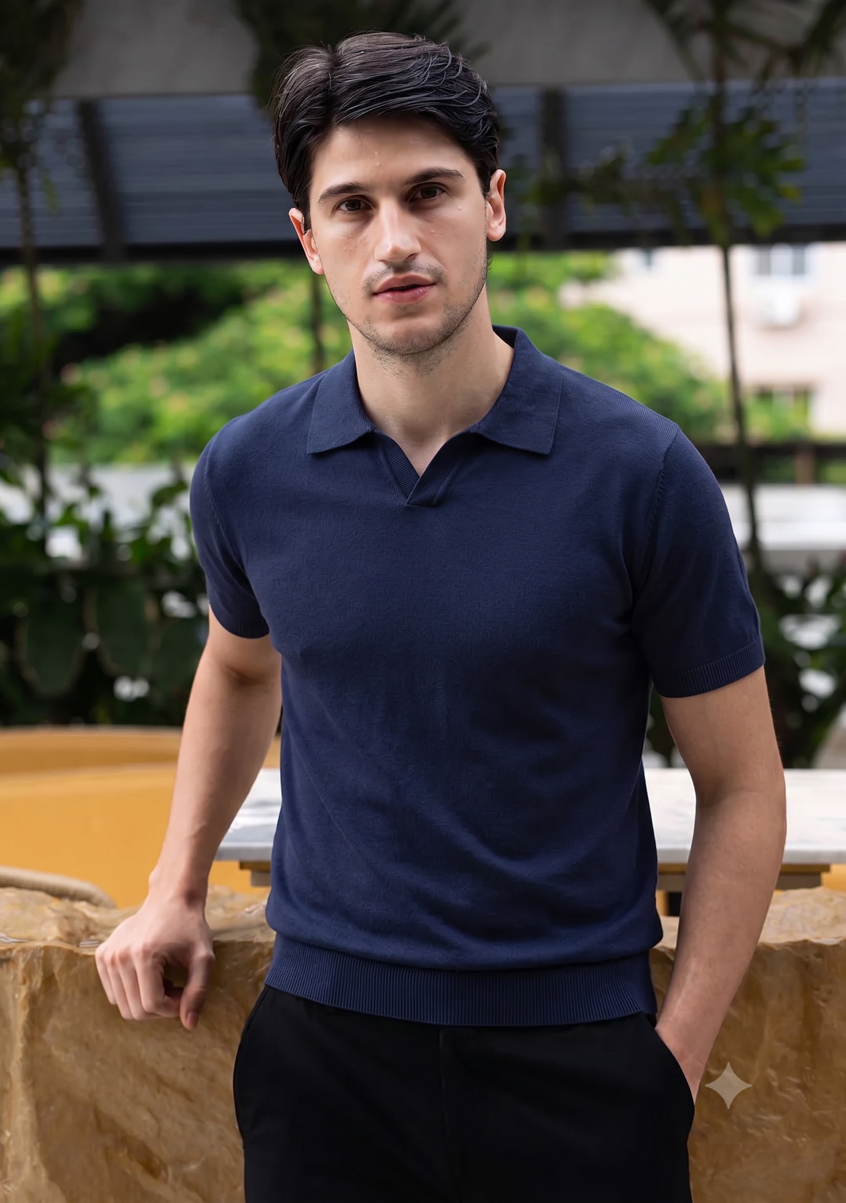 Men's Premium Solid Navy Knit Polo T-Shirt
