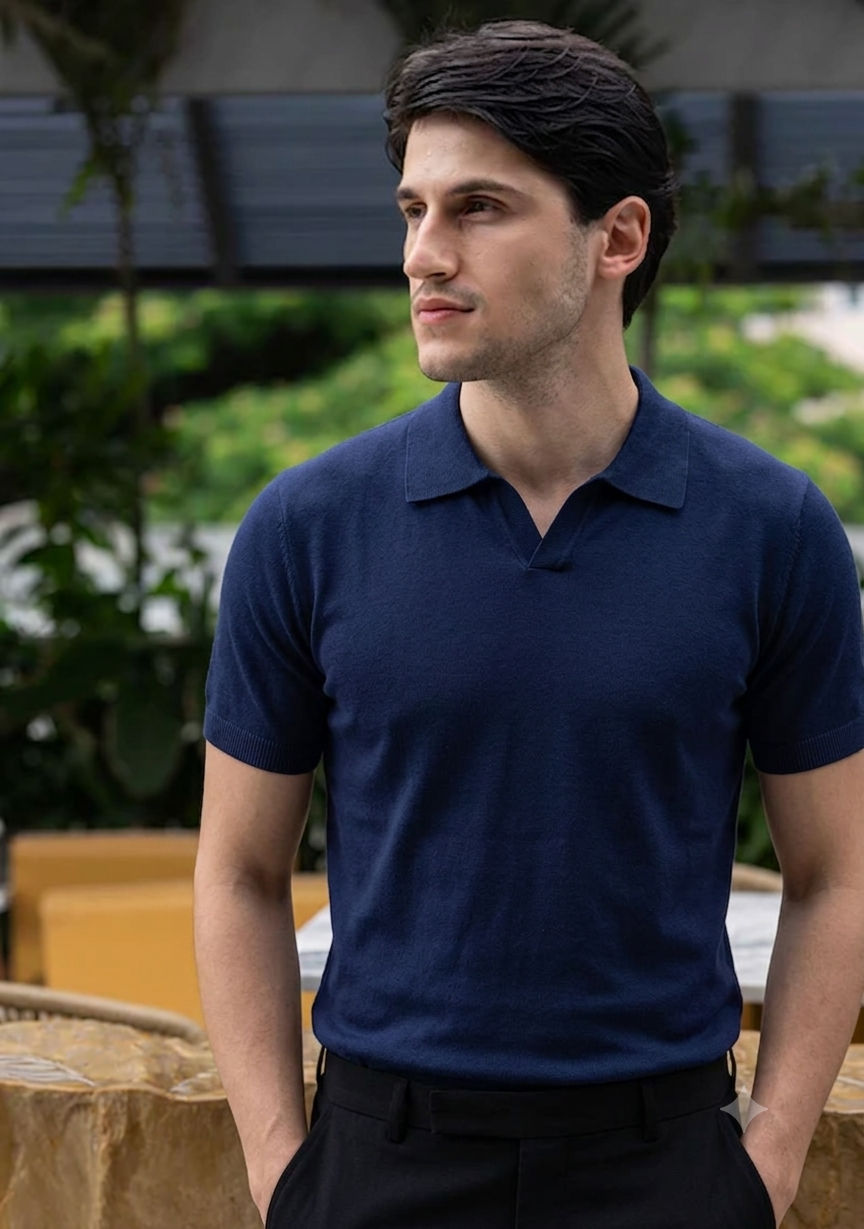 Men's Premium Solid Navy Knit Polo T-Shirt