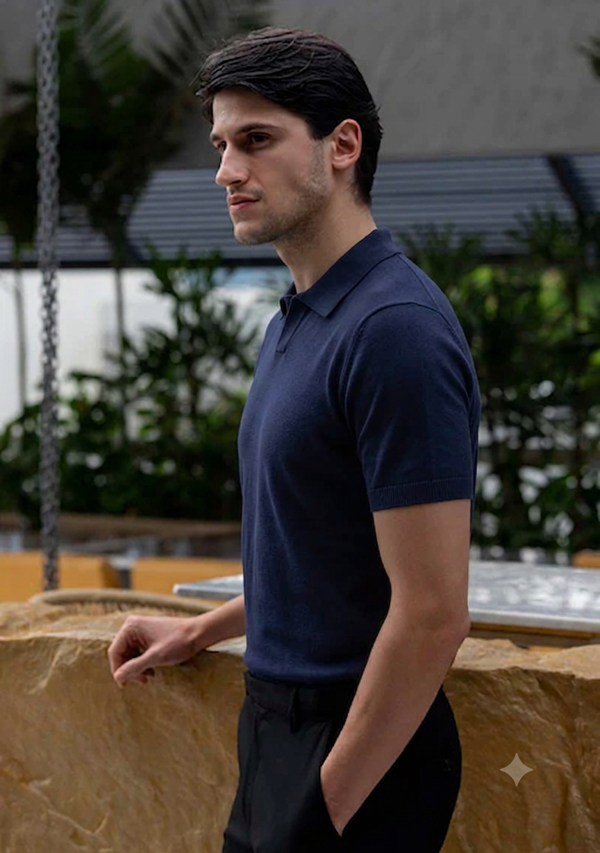 Men's Premium Solid Navy Knit Polo T-Shirt