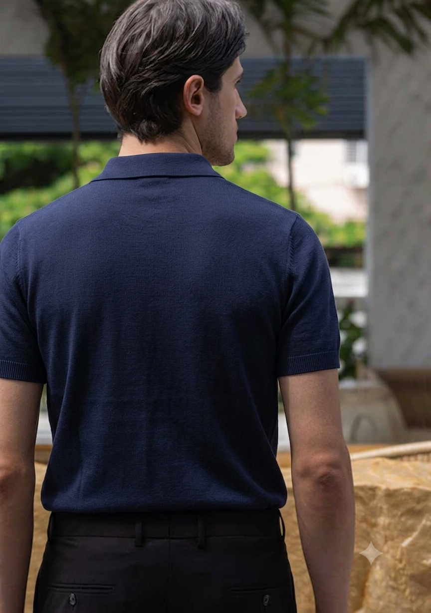 Men's Premium Solid Navy Knit Polo T-Shirt
