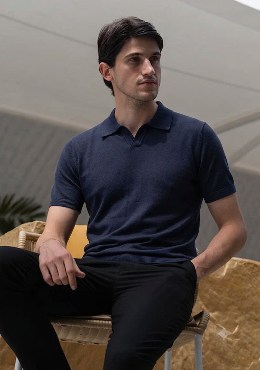 Men's Premium Solid Navy Knit Polo T-Shirt